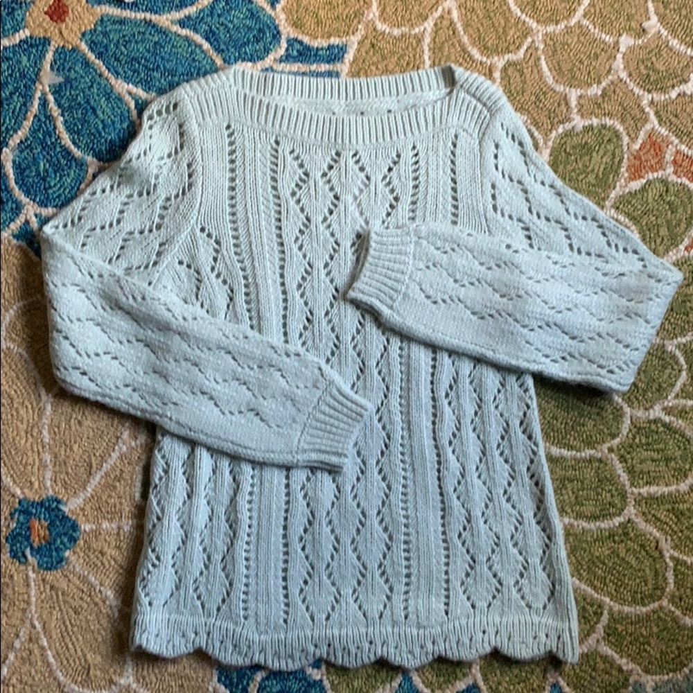 Loft Green Scalloped Stitchy Sweater